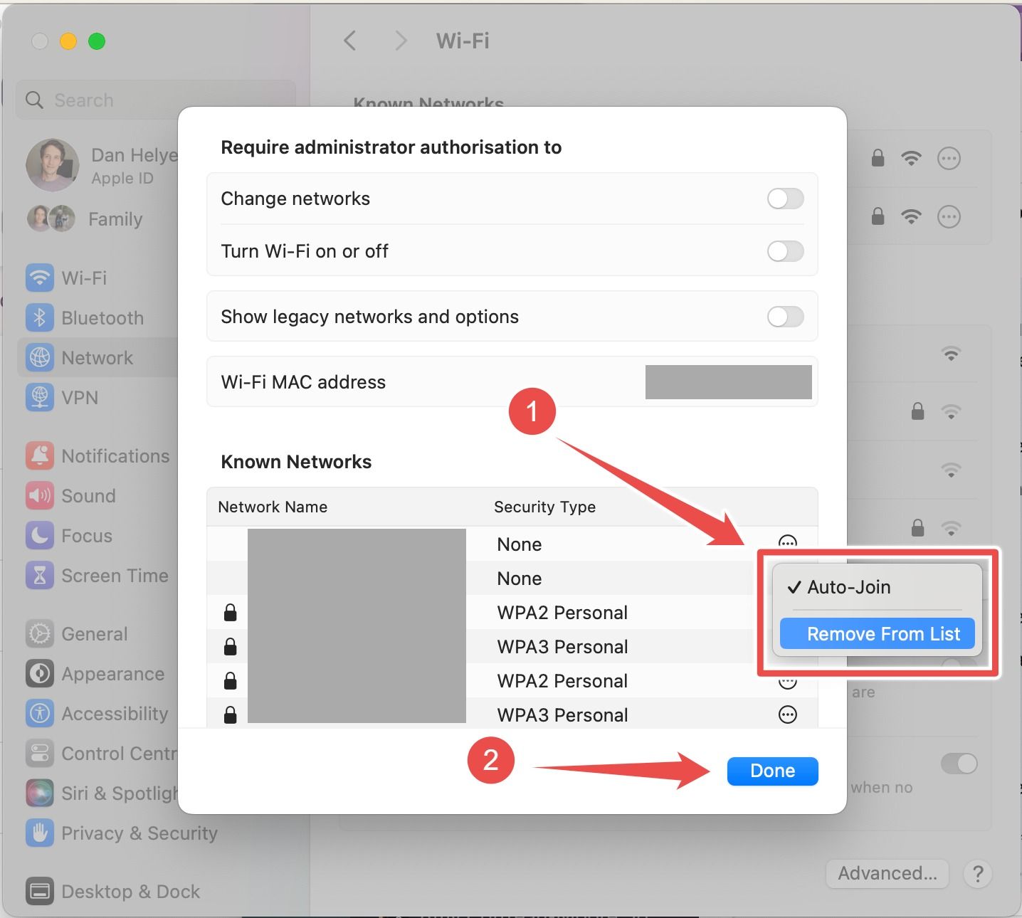 Удаление сети из списка в macOS.