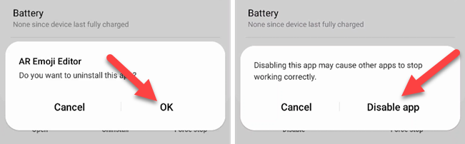 Подтверждение удаления или отключения приложения