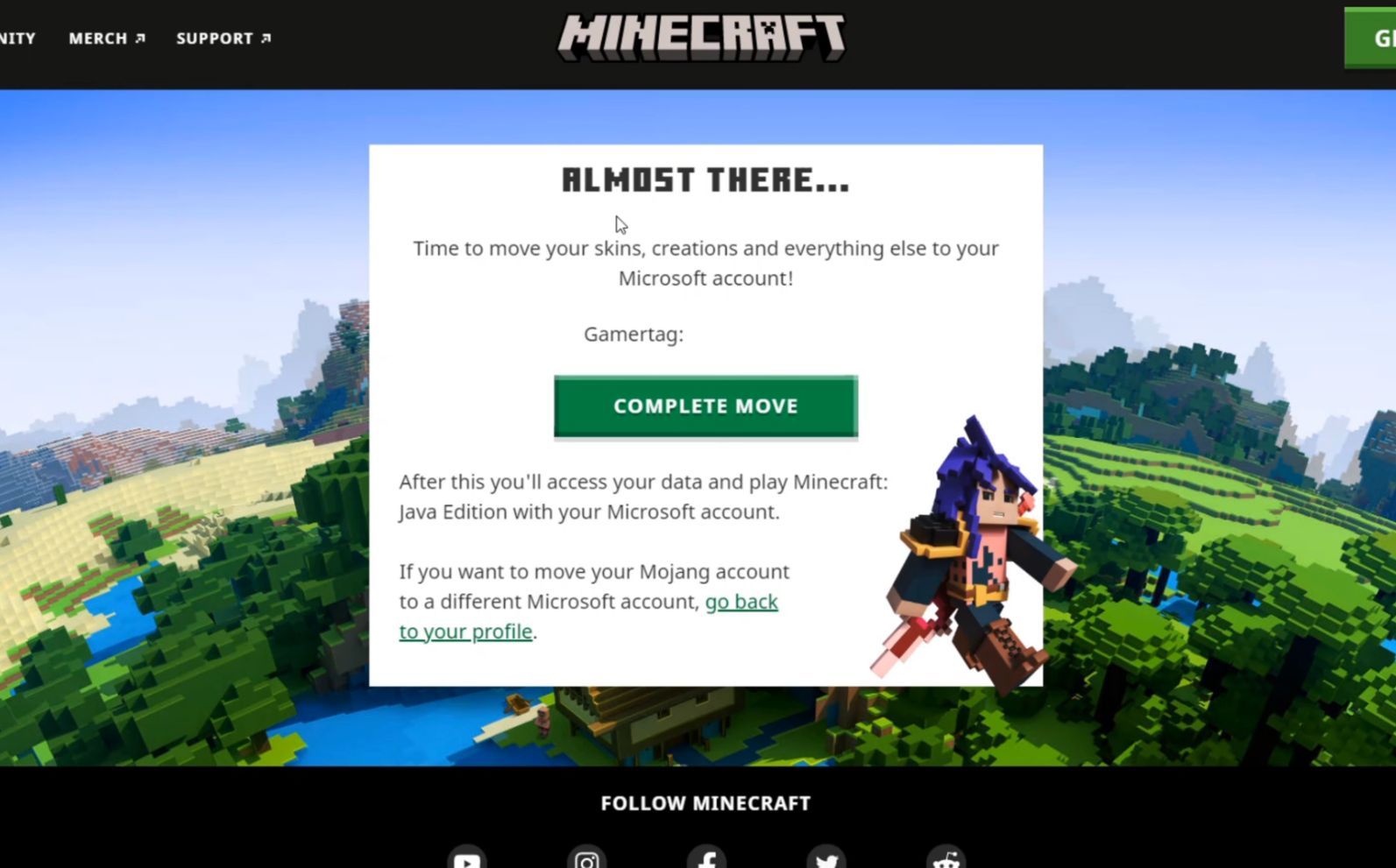 Экран подтверждения миграции в лаунчере Minecraft