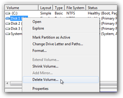 Удаление раздела на диске через управление дисками