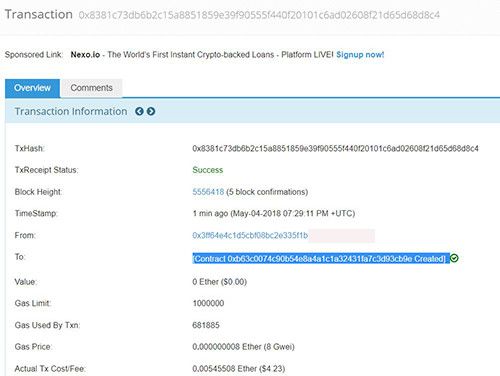 Страница транзакции в Etherscan с адресом созданного контракта