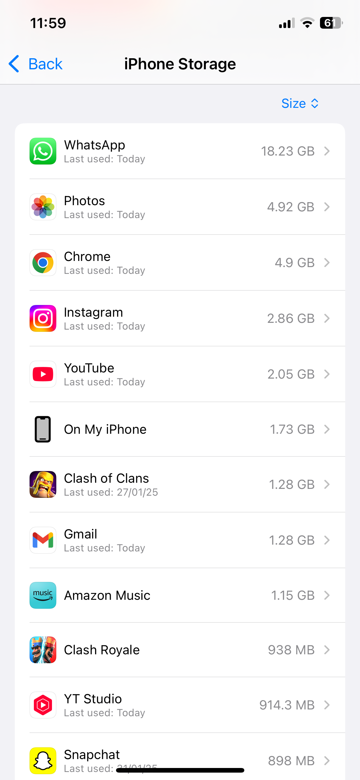 Меню хранения iPhone