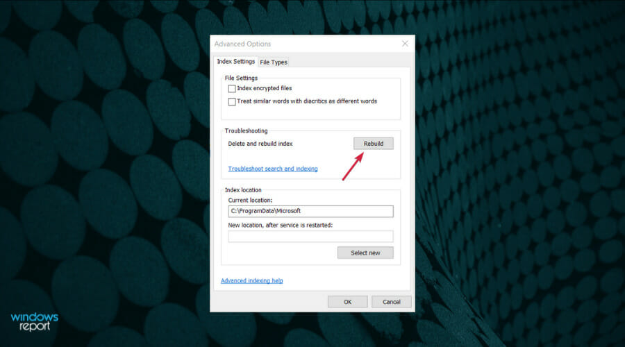 Кнопка Перестроить индекс в разделе Устранение неполадок