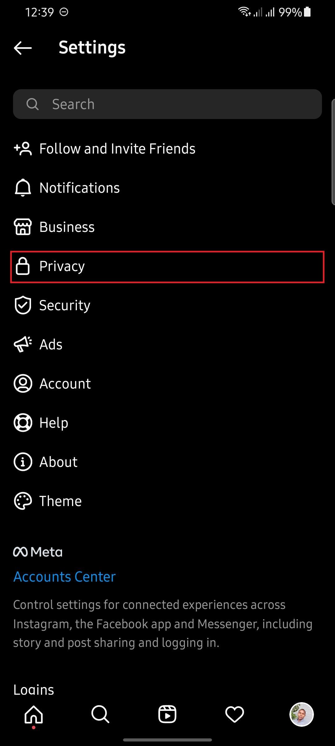 Скриншот страницы Настройки в Instagram