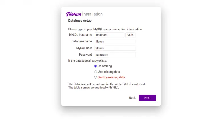 Настройка базы данных FileRun