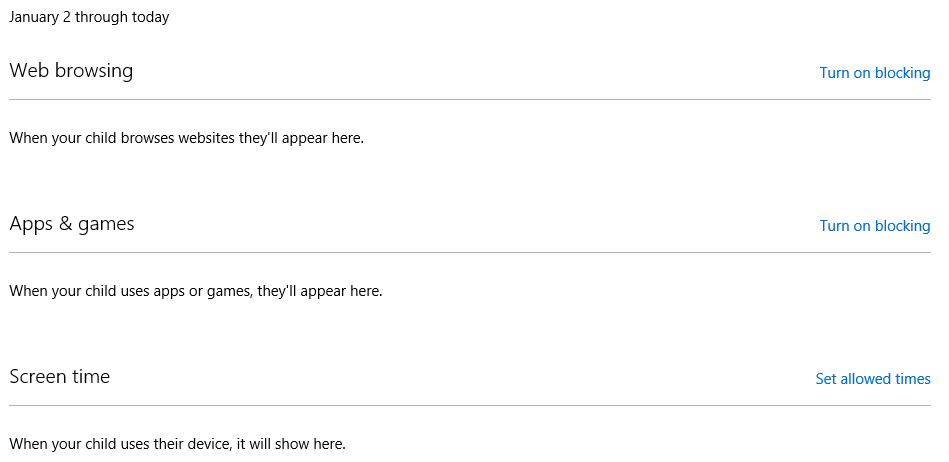 Панель правил семьи с параметрами фильтрации веба, приложений и времени использования