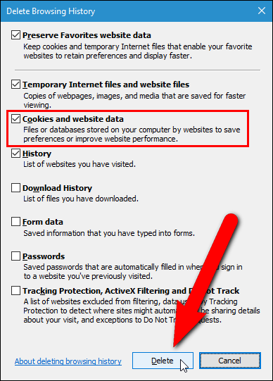 Диалог удаления истории просмотра в Internet Explorer