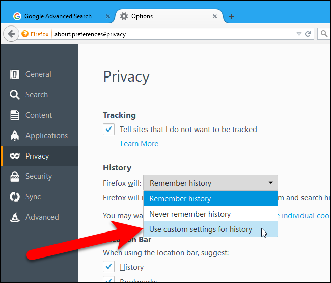 Выбор пользовательских настроек истории в Firefox
