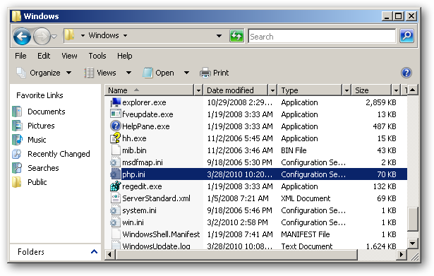 Копирование php.ini в системную папку Windows