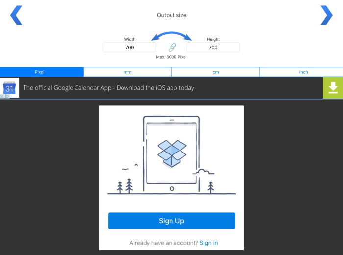 Экран ввода размеров в Image Size с полями ширины и высоты и превью изображения