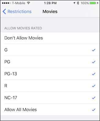 Настройка ограничений для фильмов по рейтингу