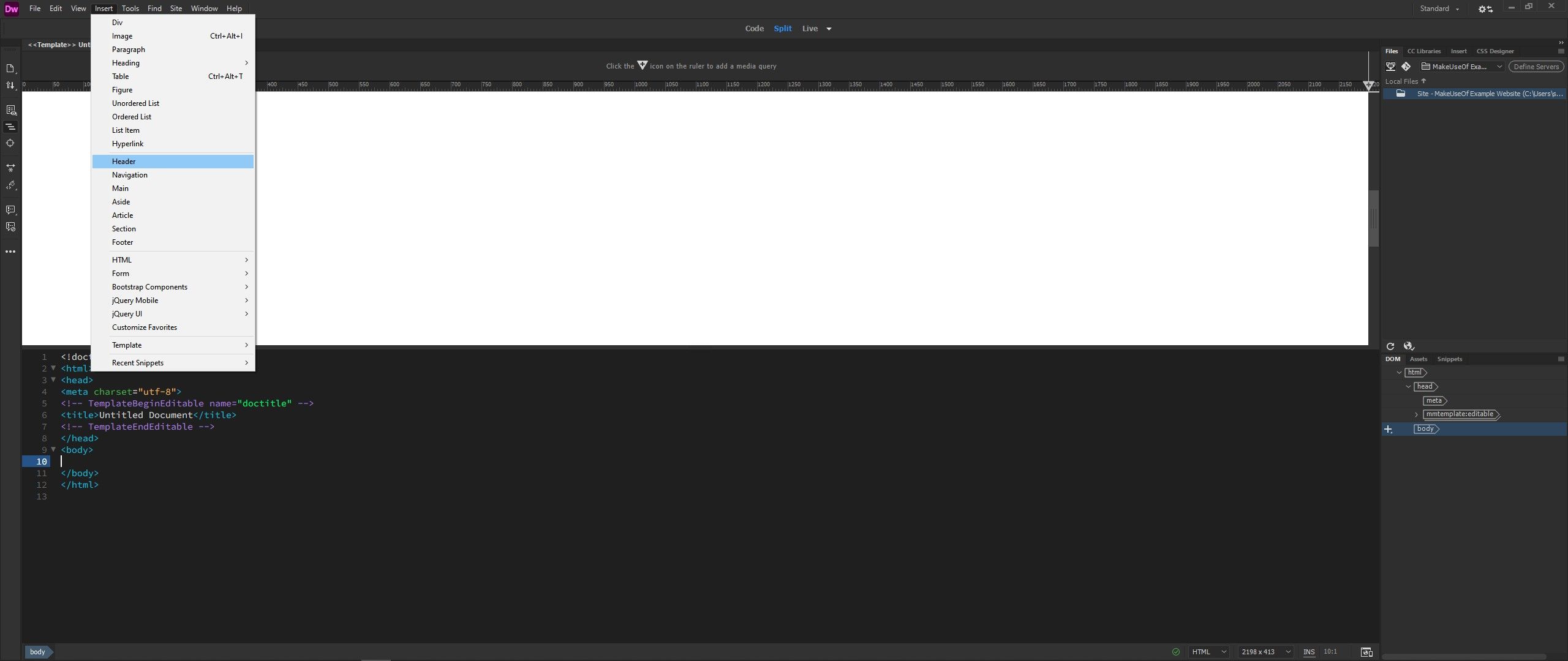 dreamweaver insert header