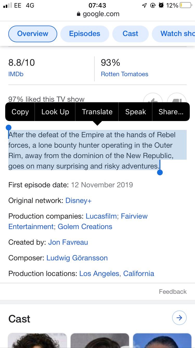 Скриншот выделенного текста с функцией «Произнести» в меню