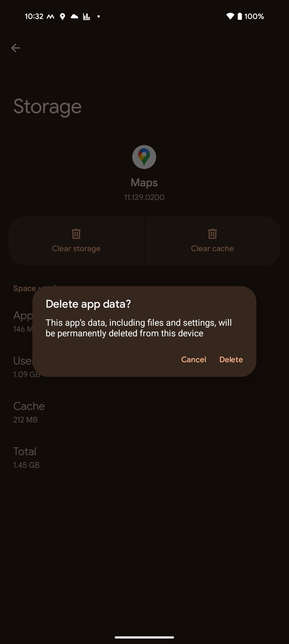 Очистка данных Google Maps в настройках Android.