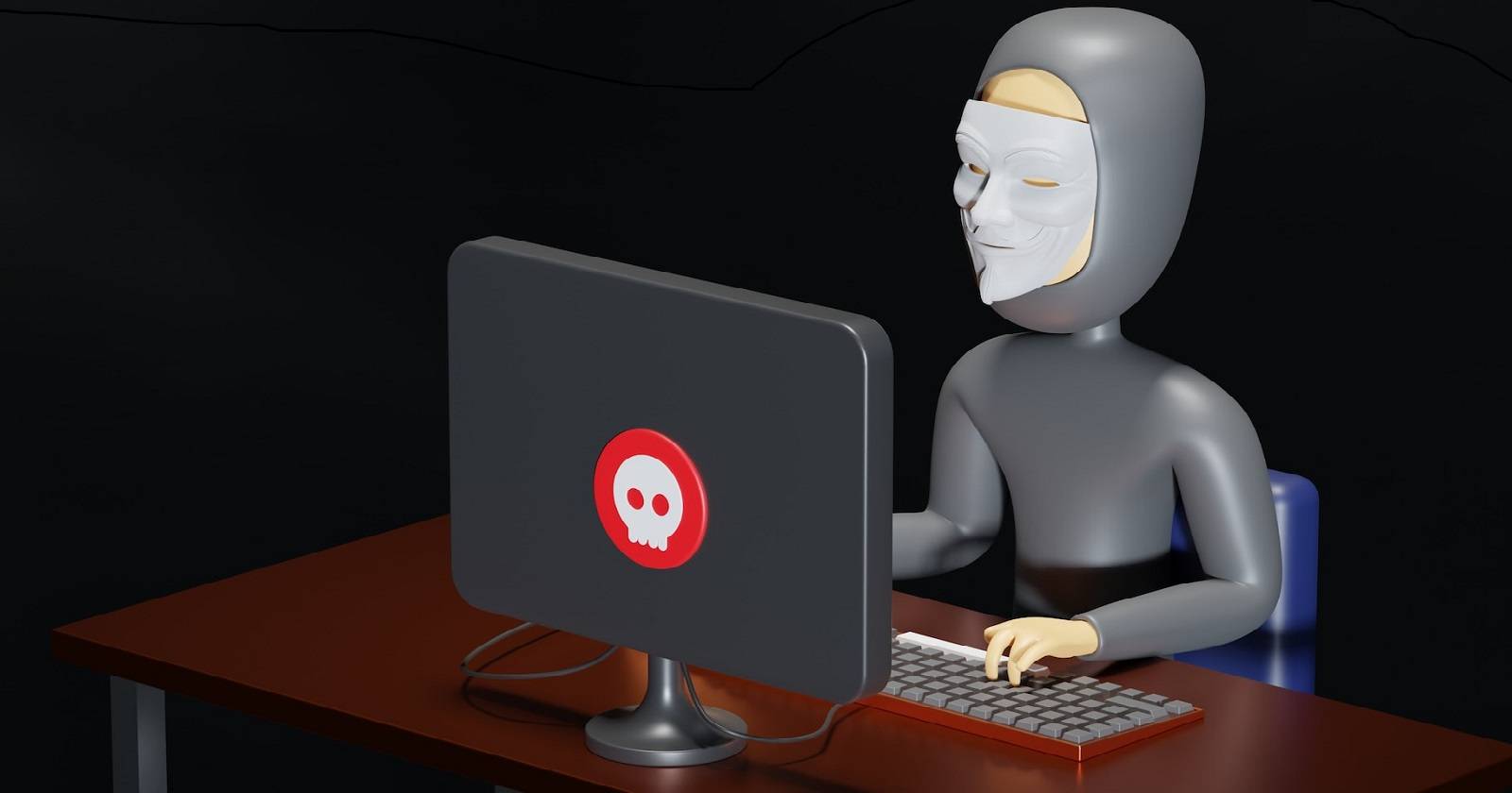 Человек в маске сидит за столом и кликает мышью по компьютеру