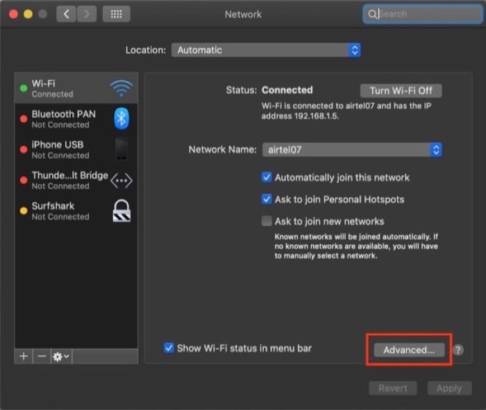 Снимок: настройки сети macOS