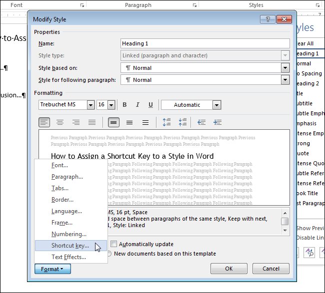 Меню Формат — Сочетание клавиш