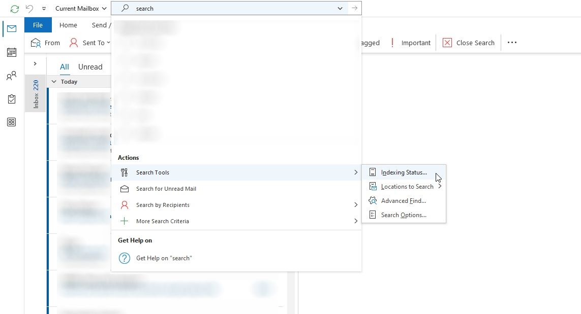 microsoft outlook check indexing status menu