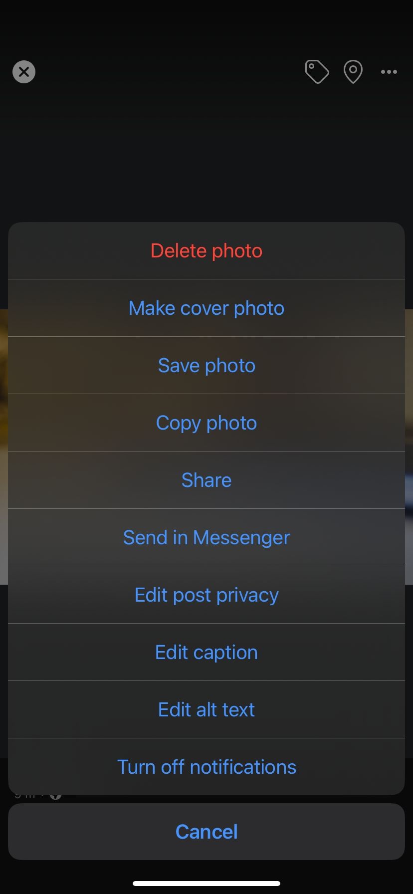 Опции настроек фото в Facebook