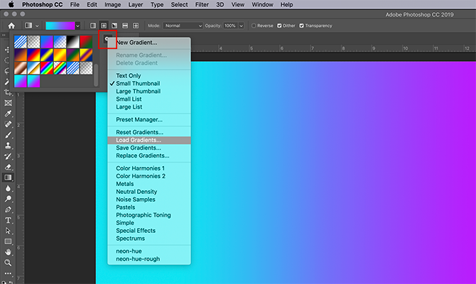 Загрузка сохранённых градиентов через меню Load Gradients