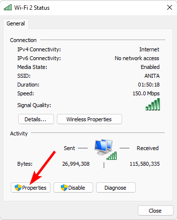 Proprietà dell'adattatore di rete in Windows