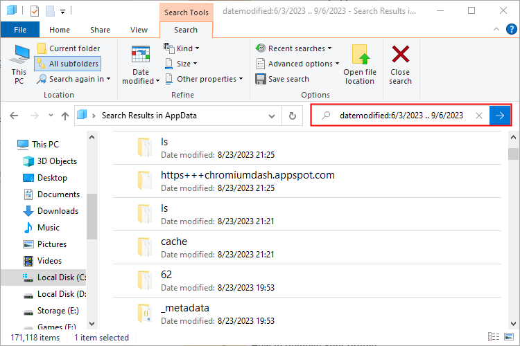Поле поиска в Проводнике с аргументом 