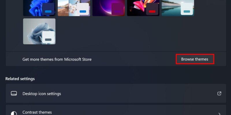 Нажатие кнопки «Просмотреть темы» для открытия предустановленных тем Windows в Microsoft Store.