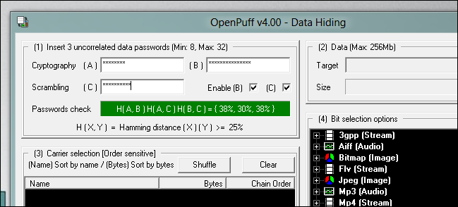 Поле ввода трёх паролей в OpenPuff