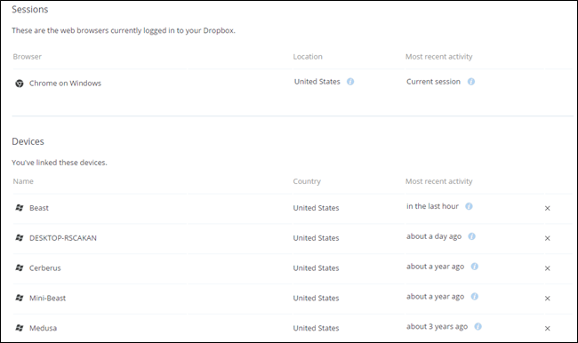 Список текущих сессий и связанных устройств в настройках Dropbox