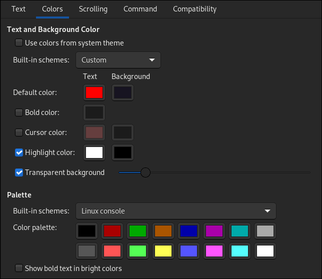 Скриншот вкладки Colors в настройках GNOME Terminal