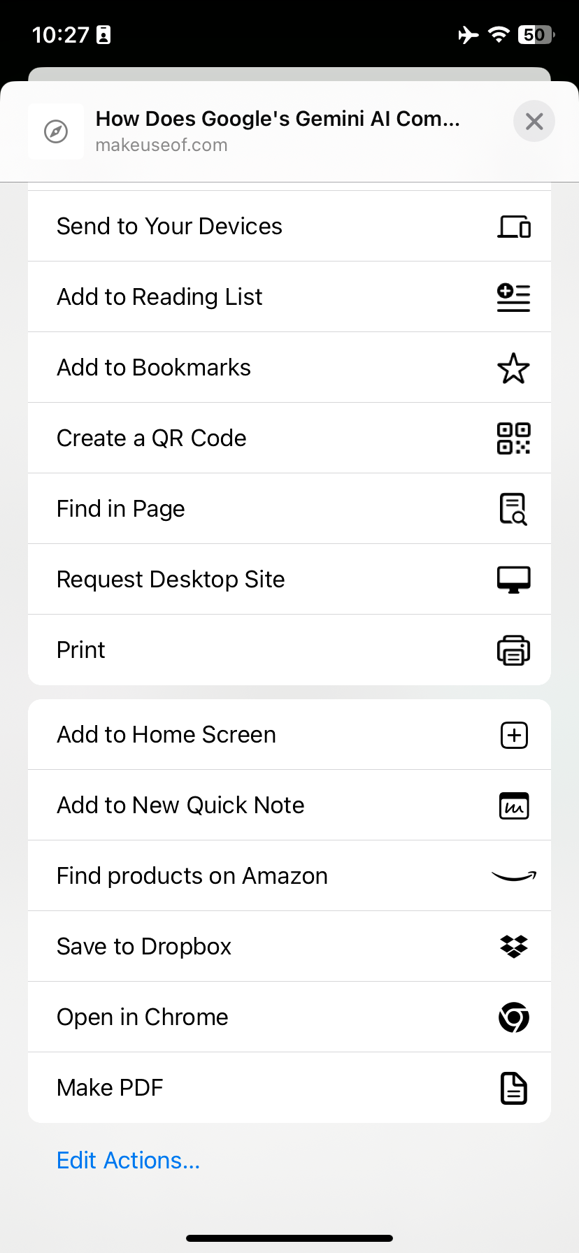 В Chrome на iOS доступна функция Share для применения ярлыков