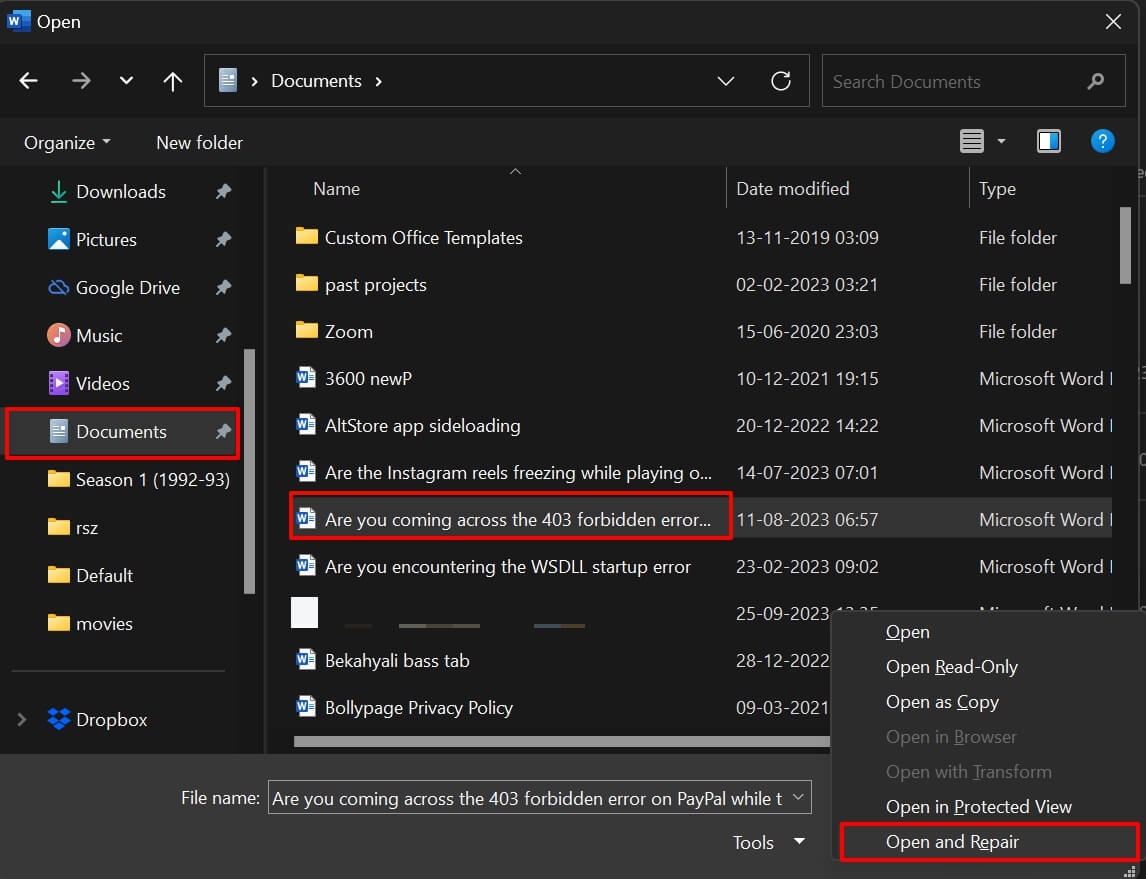 Опция 'Открыть и восстановить' для файла Word