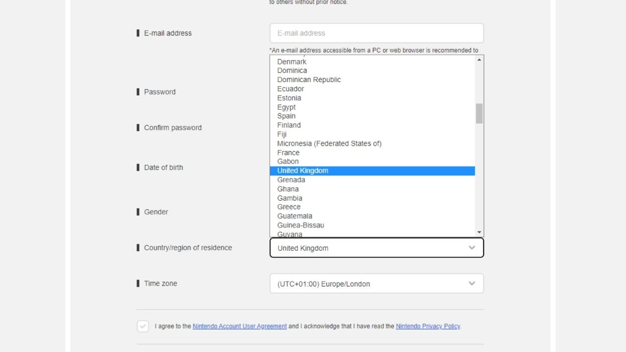 Скриншот выбора региона при создании Nintendo Account