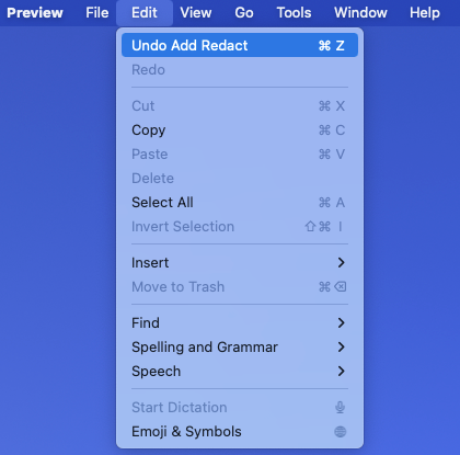 Undo Add Redact в меню Edit