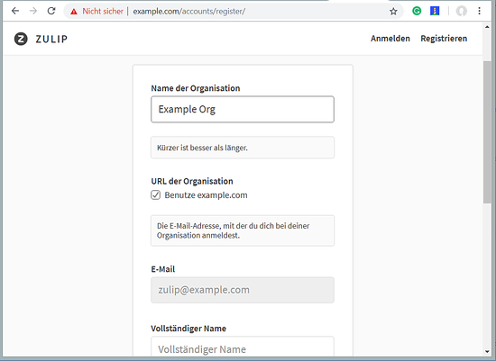 Форма создания организации: имя, email, пароль