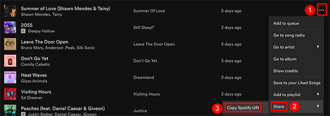 Select Share > Copy Spotify URI for an item on Spotify.