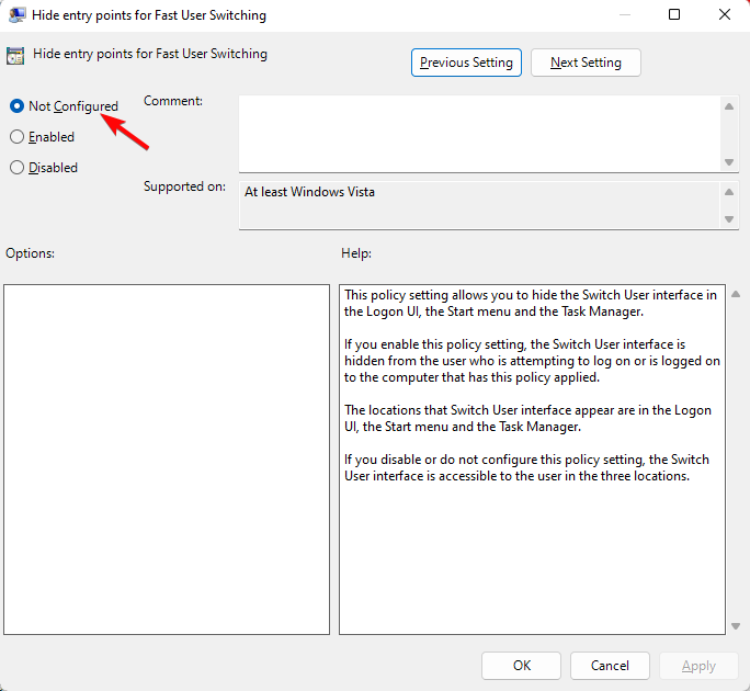 Параметры для включения Fast User Switching не настроено
