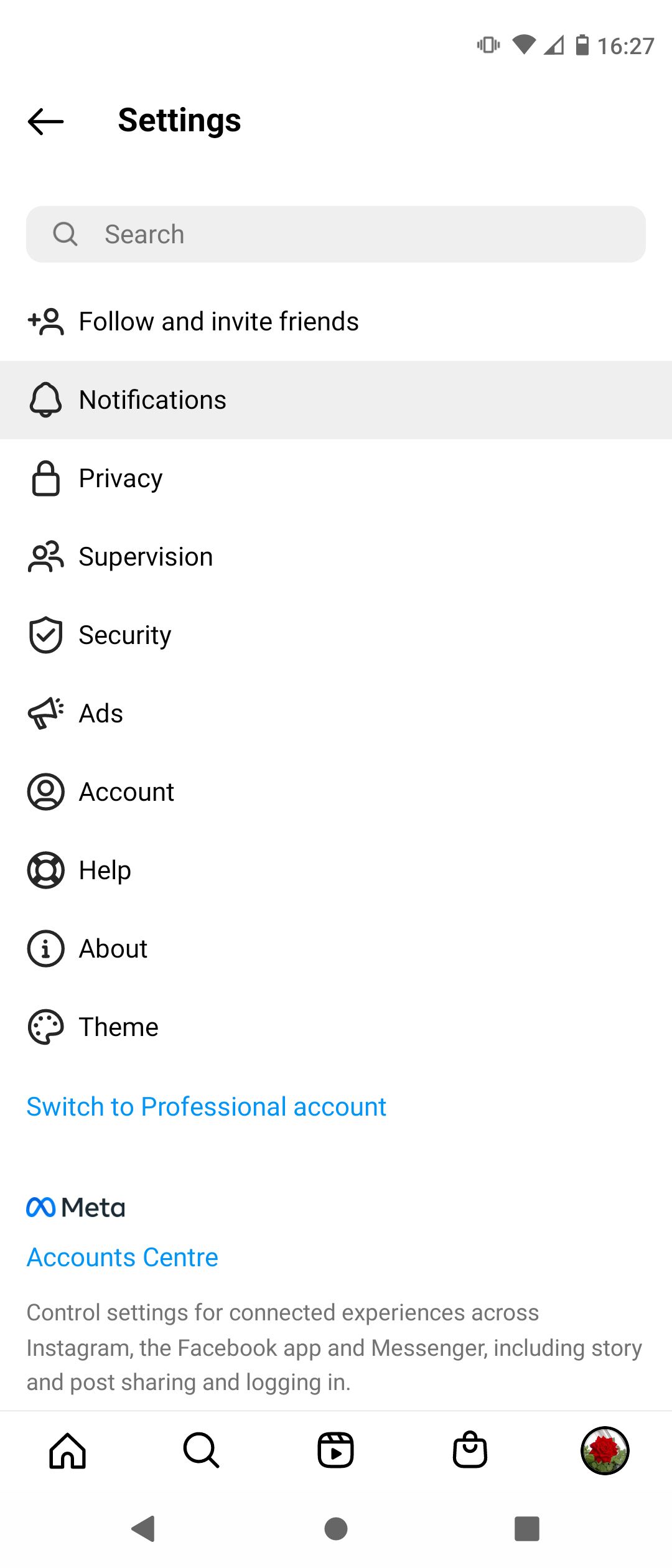 Вкладка «Уведомления» в настройках Instagram