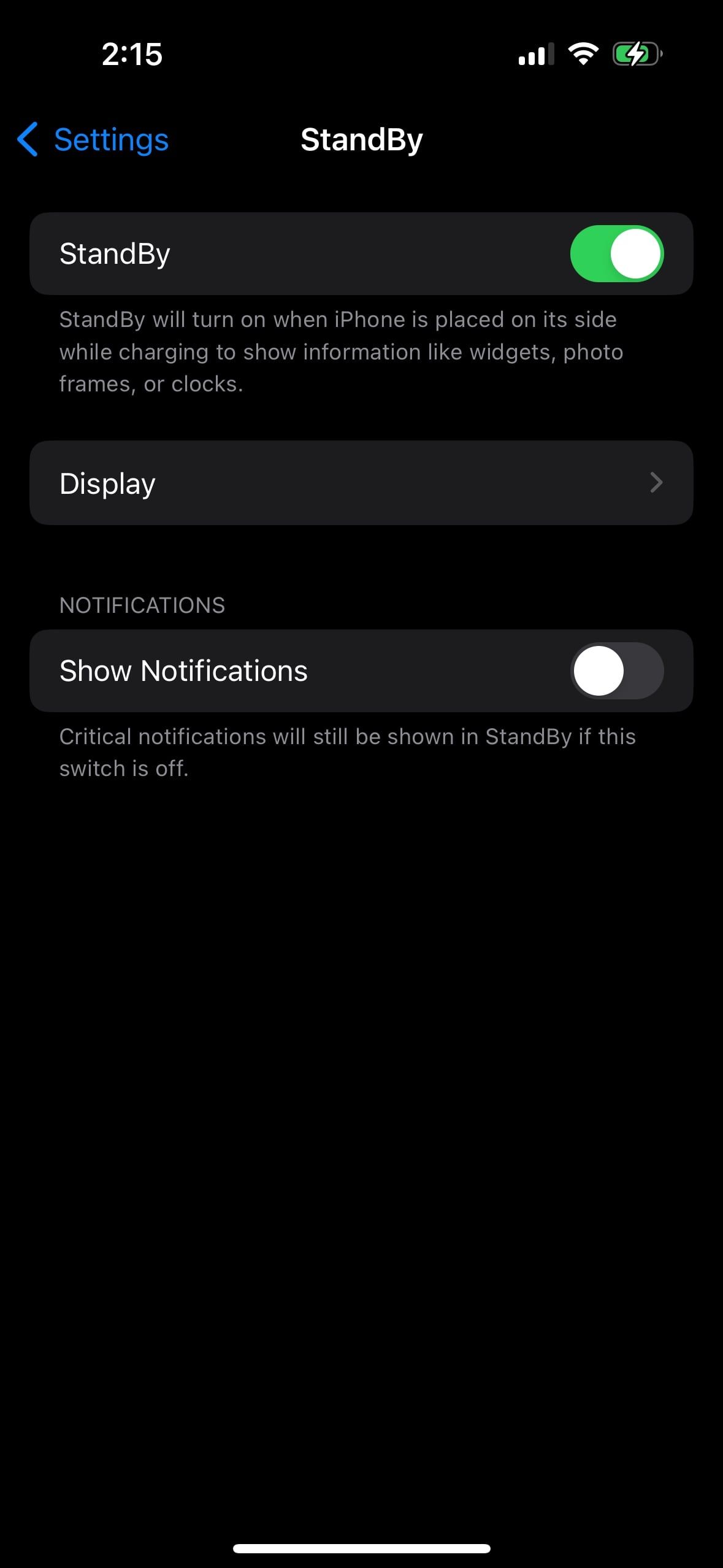 Переключатель Показ уведомлений отключён в StandBy