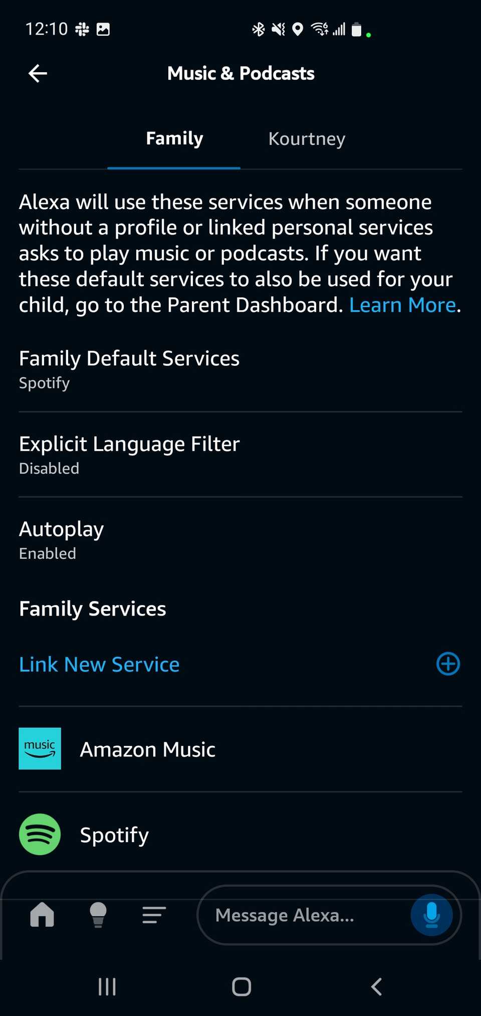 Music and Podcast settings on Amazon Alexa App.