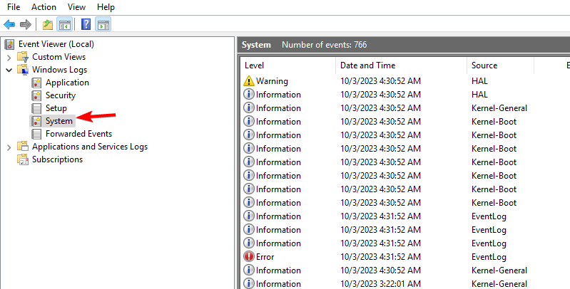 Журнал System в Просмотре событий