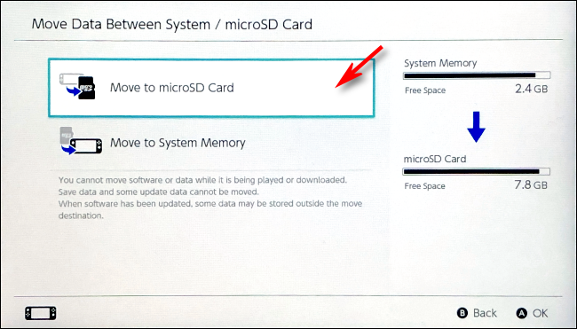 Выбор переноса на microSD