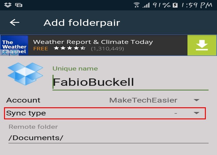 Параметры синхронизации FolderSync