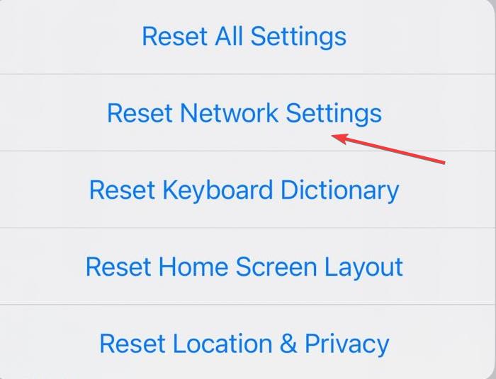 Кнопка 'Сбросить настройки сети' на iPhone