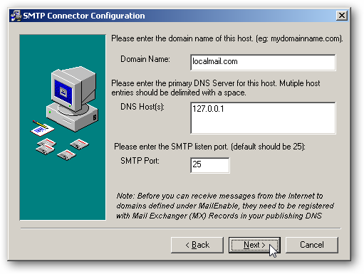 Настройка SMTP Connector: домен localmail.com и DNS 127.0.0.1