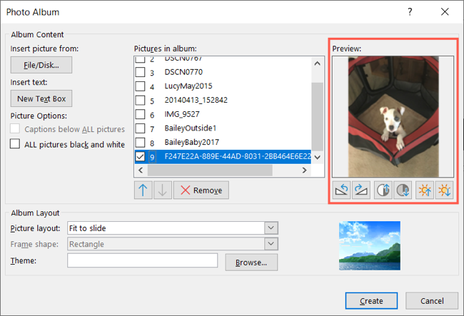 Кнопки редактирования фото под превью