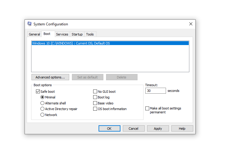 Окно «Конфигурация системы» с опциями загрузки