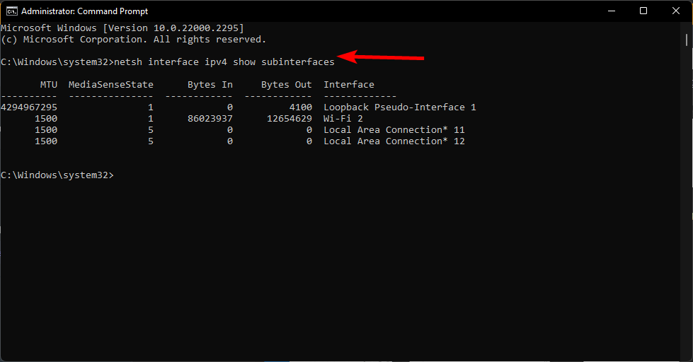 Вывод команды netsh interface ipv4 show subinterfaces