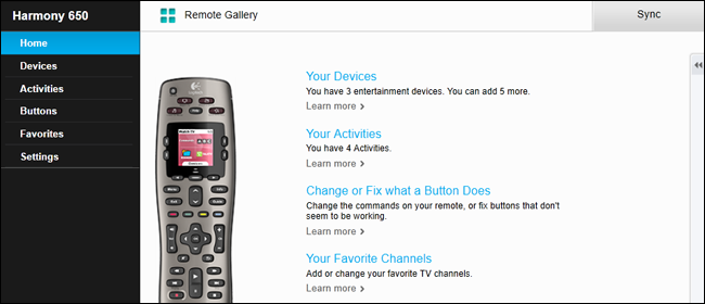 Главное меню MyHarmony — выбор раздела Buttons