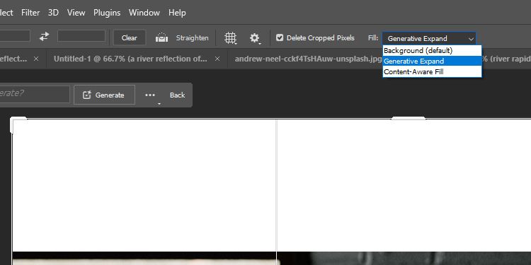 Selecting Generative Expand in the Crop toolbar menu